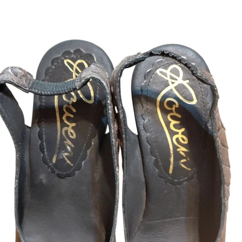 Rowen Platform Leather And Wood Sling Back Open Toe Wedge Sandals Size 7.5